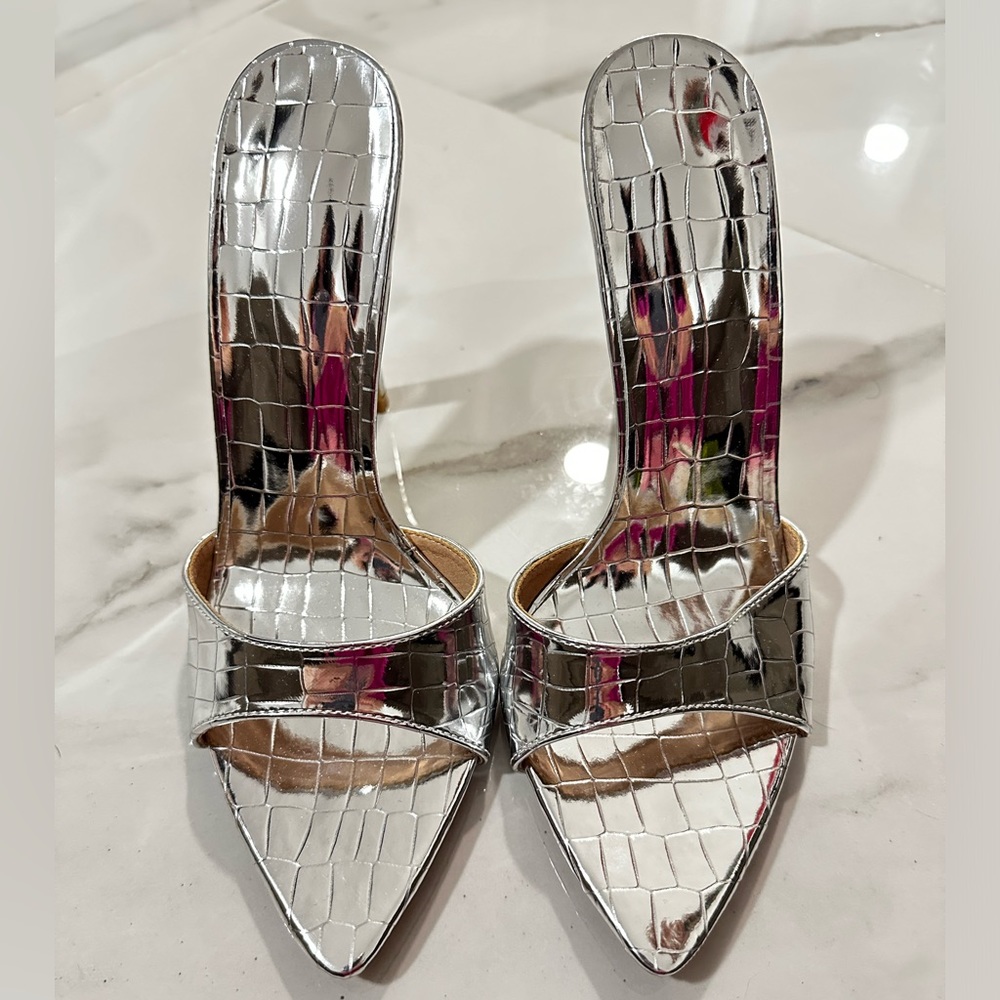 Silver Metallic Croc Heels